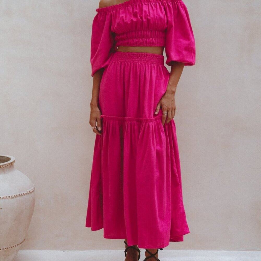 ELF Annabelle Linen Maxi Skirt Magenta Pink Elastic Waist M - Picture 2 of 10
